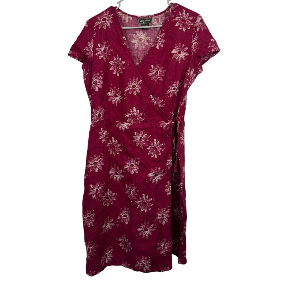 Eddie Bauer Floral Linen Maroon V-Neck Midi Wrap Dress